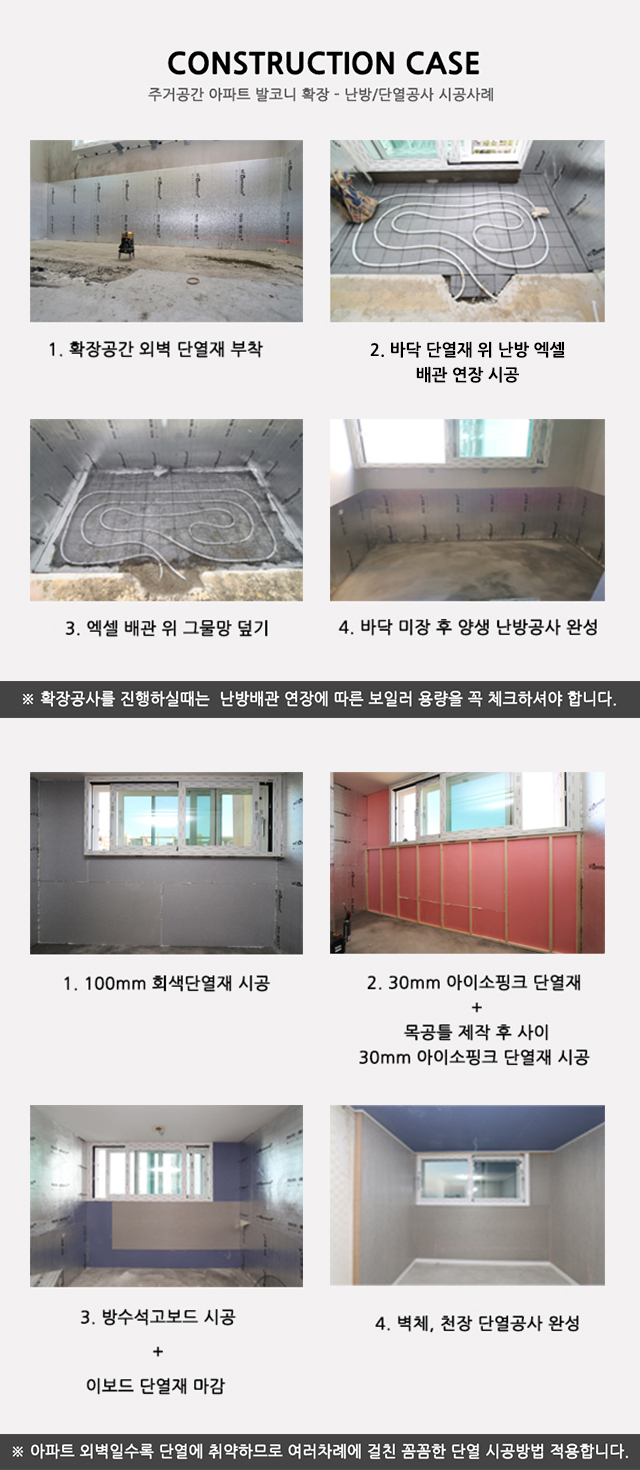 주간공간(APT) 발코니 확장/난방/단열공사 시공사례, 1.확장공간 외벽,천정 단열재 부착, 2.바닥 보온재 위 난방용 엑셀배관 시공, 3.바닥 미장작업 후 양생, 4.외벽 단열공사 1차 100mm 단열재 시공, 5.외벽 단열공사 2차 30mm 단열재 시공, 6.외벽 단열공사 3차 목공틀 사이 30mm 단열재 시공, 7.석고보드+단열재 이보드 시공, 8.마감, 아파트 외벽일수록 단열에 취약하므로 여러차례 걸친 꼼꼼한 단열 시공방법 적용